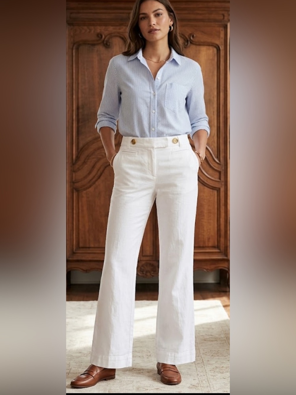 Banana Republic White Wide Leg Sailor Pants Button Detail Stretch